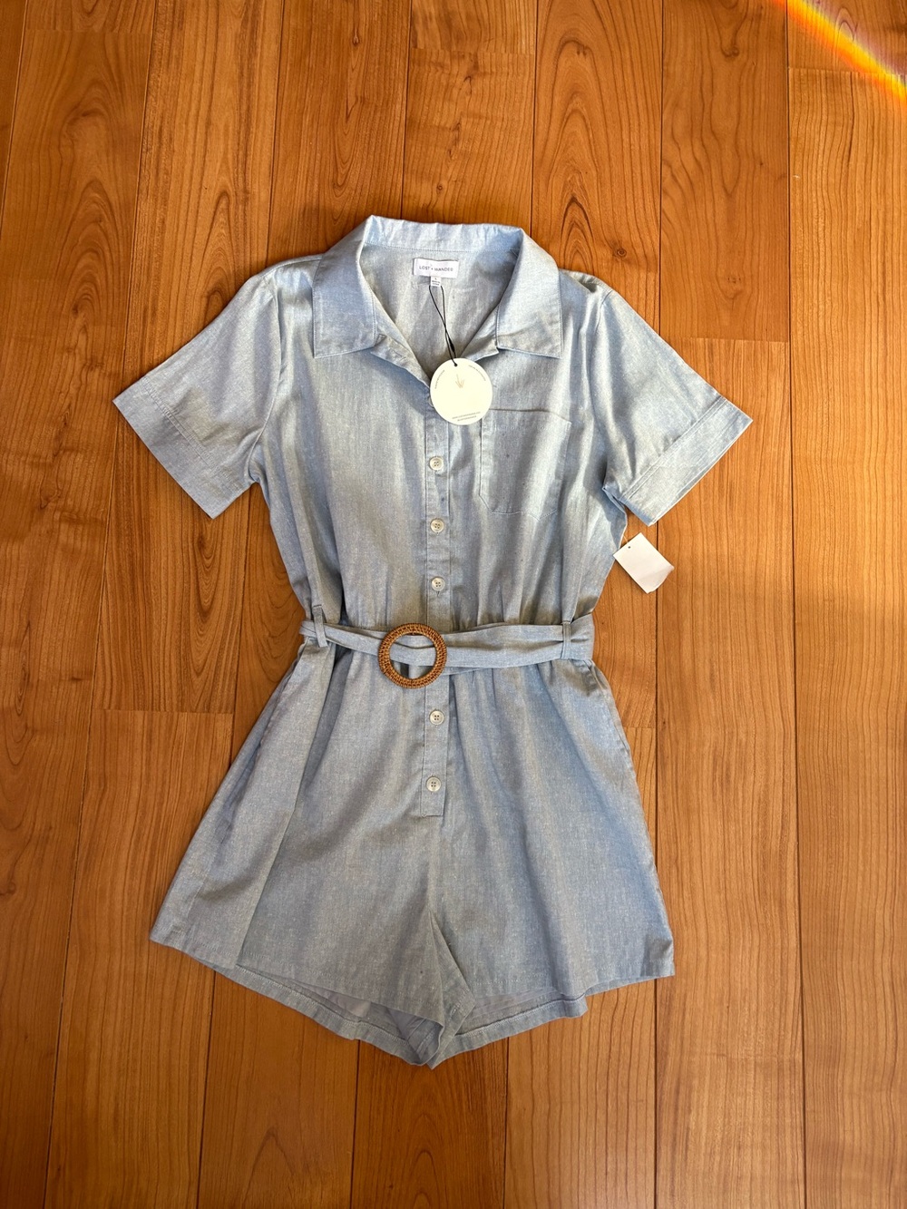 Lost + Wander Light Blue Short-Sleeve One-Piece Romper with Belt